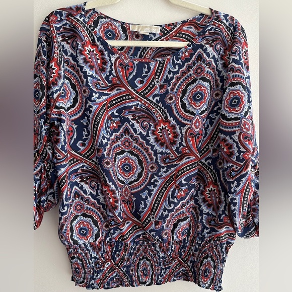 Michael Kors Multicolor Paisley Roll Tab Sleeve Smocked Blouse, Size Large - Picture 4 of 16